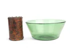  Preview image for GREEN GLASS BOWL & ANTIQUE LEATHER BRUSH 